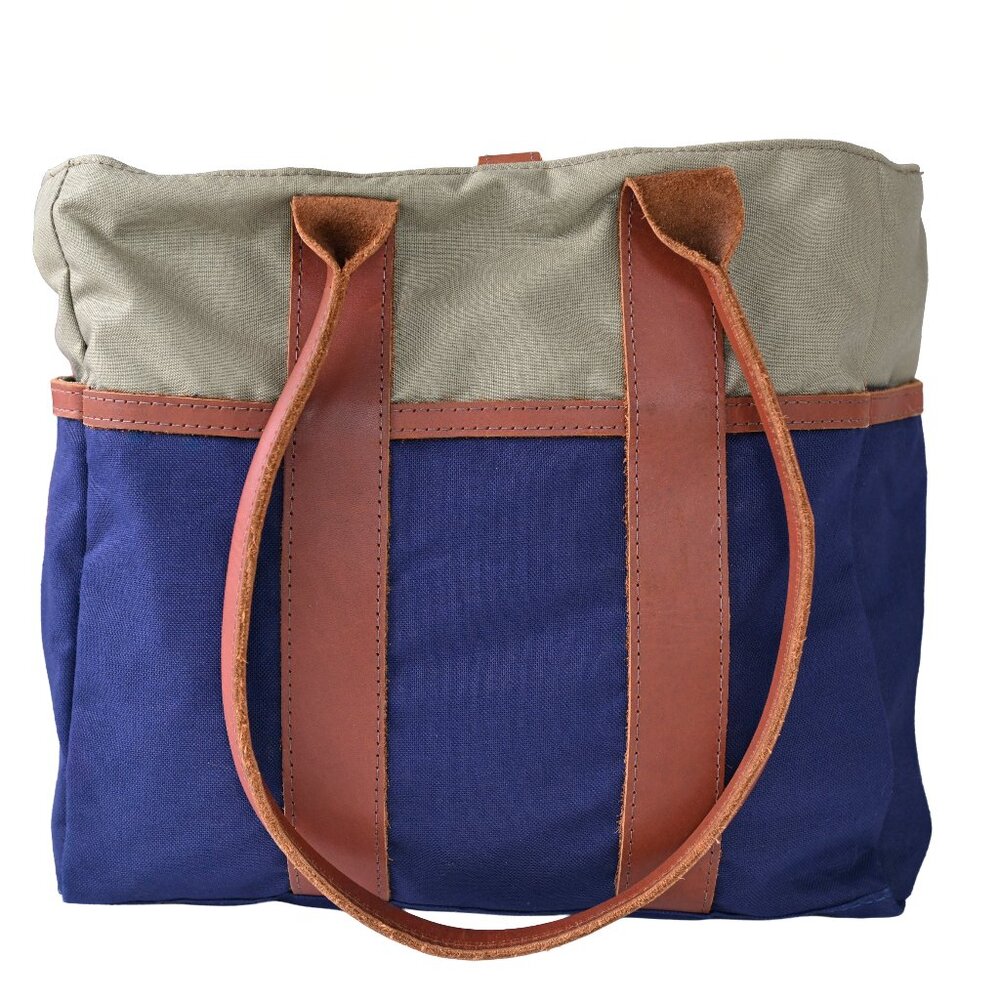 Sword & Plough Signature Tote Bag Blue and Tan w/Leather Made In USA-Like New - Picture 12 of 16